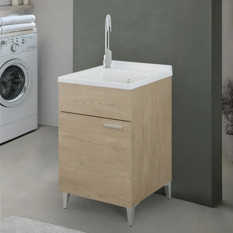 Mobile lavatoio 50x50 cm rovere con vasca in resina e asse lavapanni