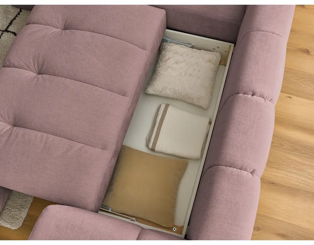 Divano angolare rosa allungabile e con contenitore (penisola a sinistra/a L) con rivestimento in ciniglia Fuji – Bobochic Paris