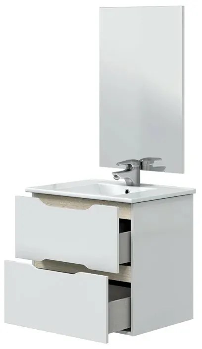 Mobile bagno sospeso 60 cm bianco e rovere con top e specchio Brillo