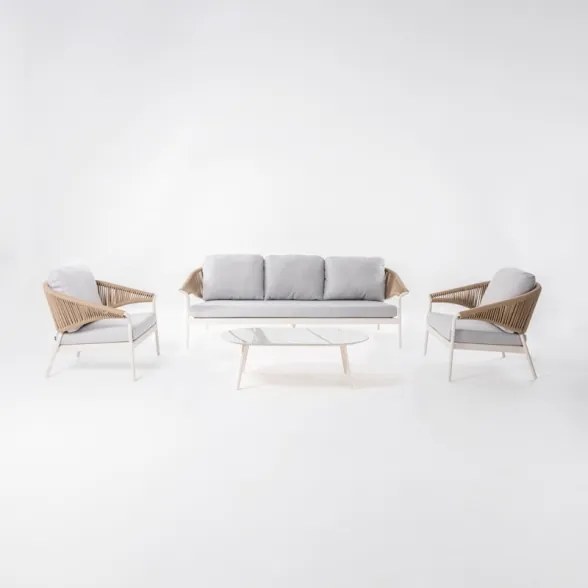 Salotto Da Esterno 5 Posti In Alluminio E Corda Con Tavolino Celia Avorio