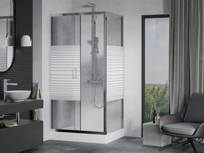 Mexen Apia cabina doccia scorrevole 100 x 80 cm, strisce bianche, cromo + piatto doccia Rio - 840-100-080-01-20-4510