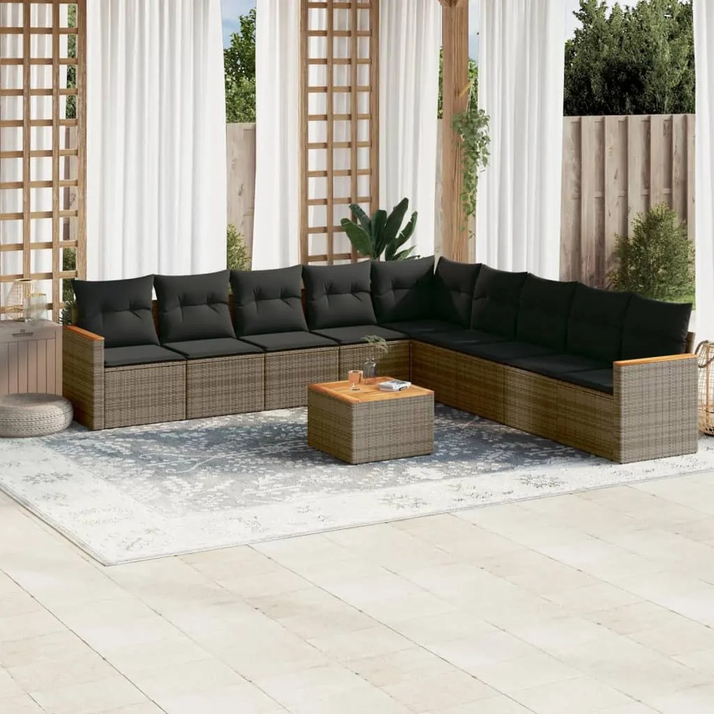 Set Divano da Giardino 10 pz con Cuscini Grigio in Polyrattan