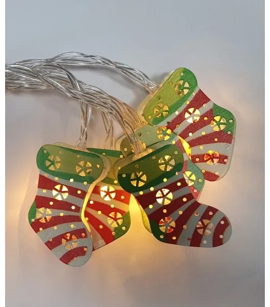 Catena luminosa LED natalizia da esterno 10xLED/2xAA 1,65 m IP44, bianco caldo, con calze natalizie