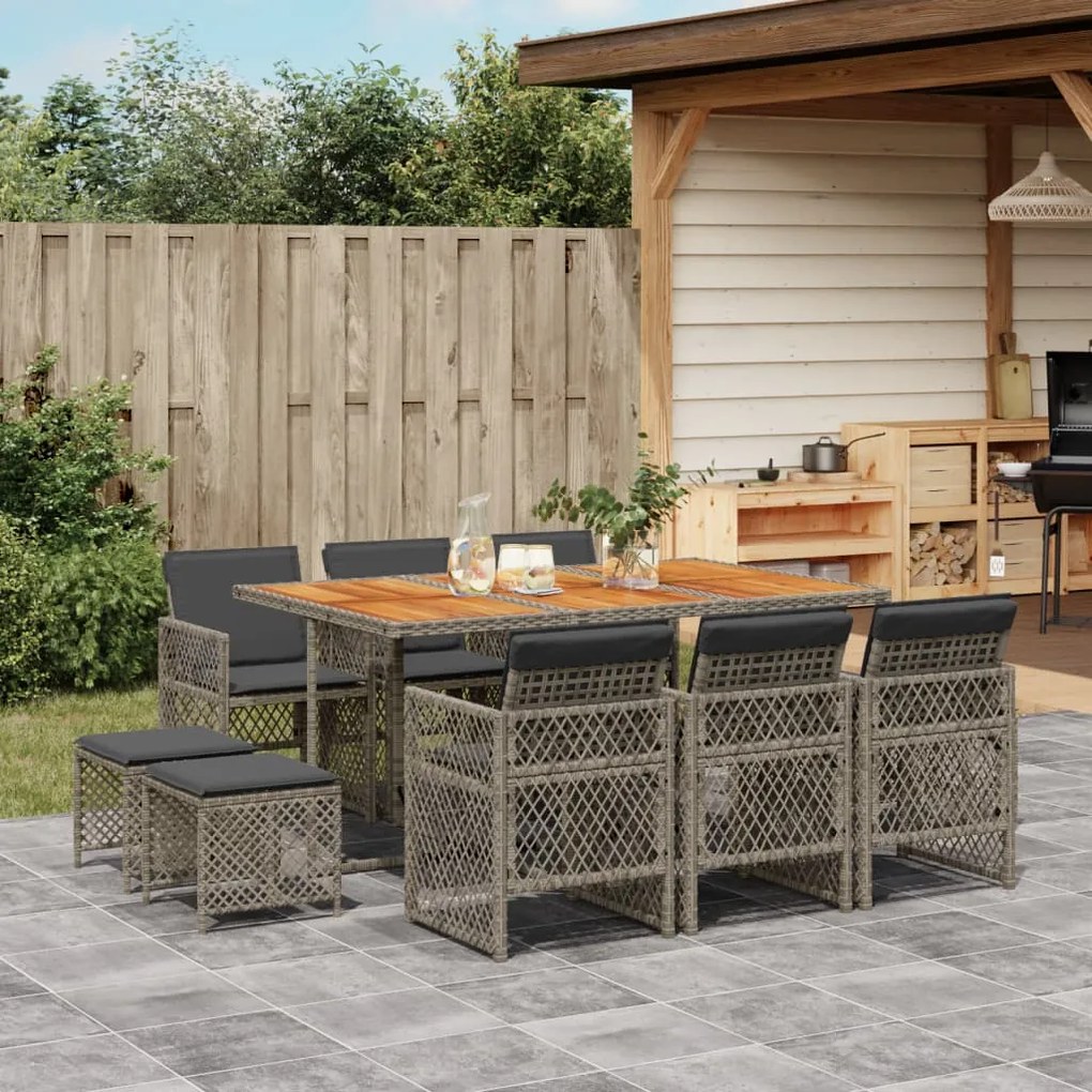 Set da pranzo da giardino 11pz con cuscini in polyrattan grigio