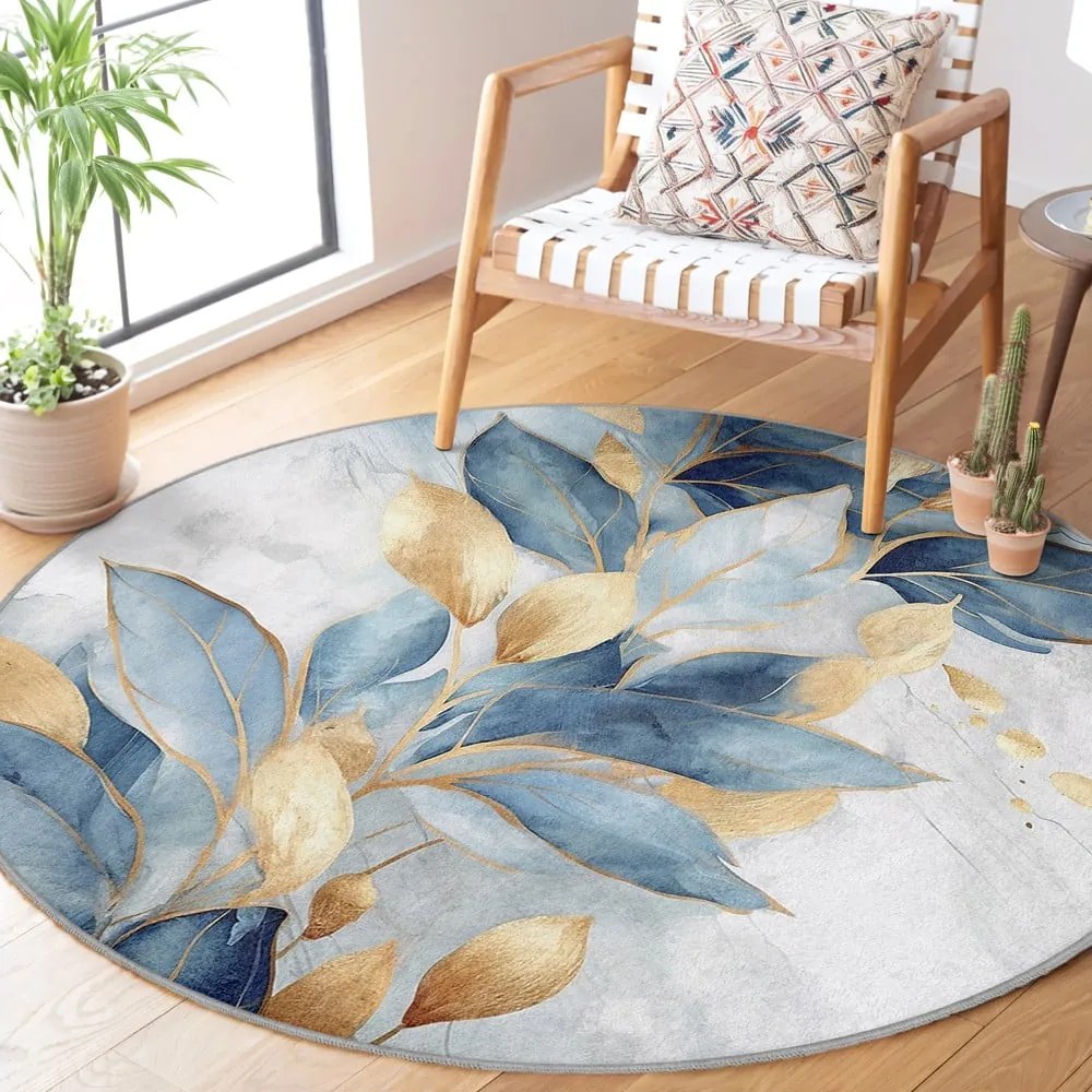 Tappeto rotondo blu/dorato lavabile ø 150 cm Golden Leaves – Mila Home