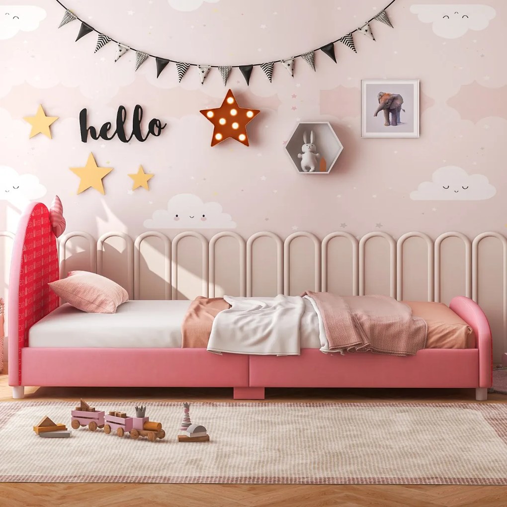 Costway Struttura letto per bambini in legno con testiera pediera morbide, Letto piazza e mezzo imbottito 140x70cm Rosa