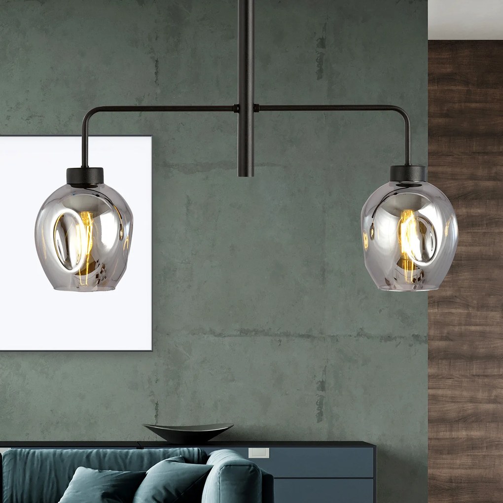 Lampadario Moderno 2 Luci Auriga In Accaio Nero E Vetro Fumè