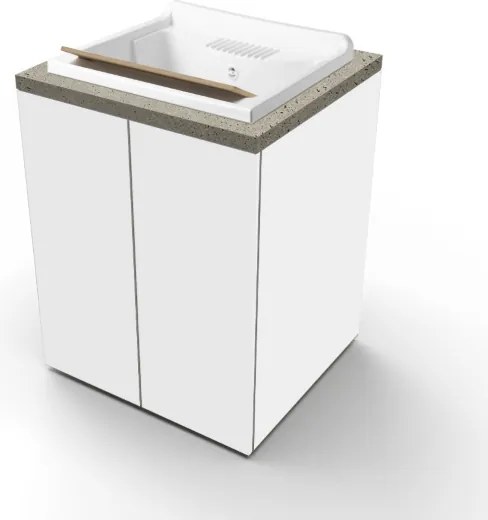 Lavatoio in legno Bianco a 2 ante con top Pietra e vasca in resina 71x65 cm