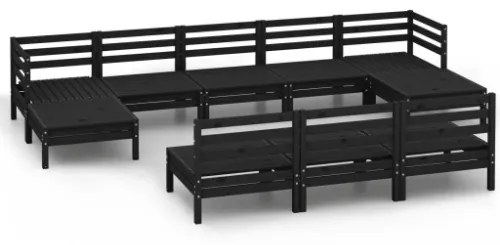 Set Divani da Giardino 10 pz Nero in Legno Massello di Pino