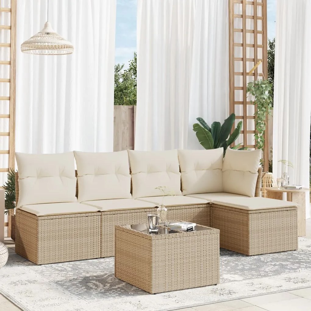 Set Divano da Giardino 6 pz con Cuscini Beige in Polyrattan