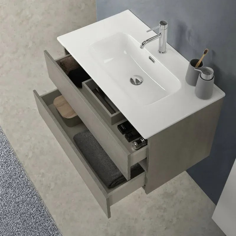 Mobile bagno sospeso 80 cm in legno grigio cemento 2 cassettoni con lavabo e specchio Leda