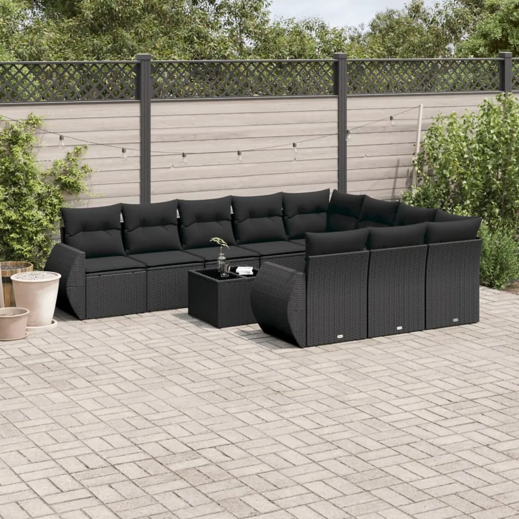 Set Divani da Giardino 11 pz con Cuscini in Polyrattan Nero