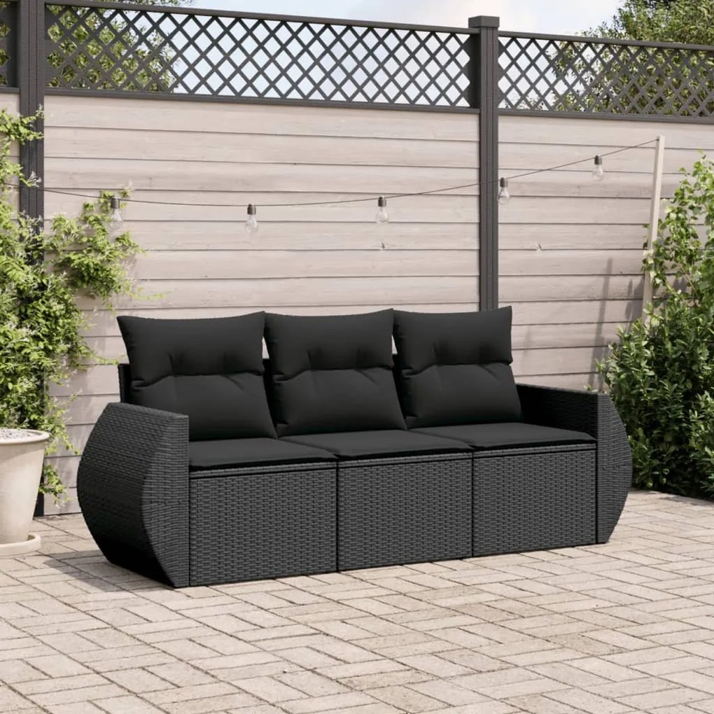 Set divani da giardino 3 pz con cuscini in polyrattan nero