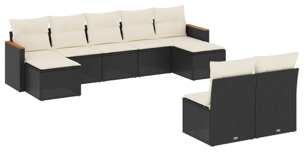 Set divani da giardino 9 pz con cuscini nero in polyrattan