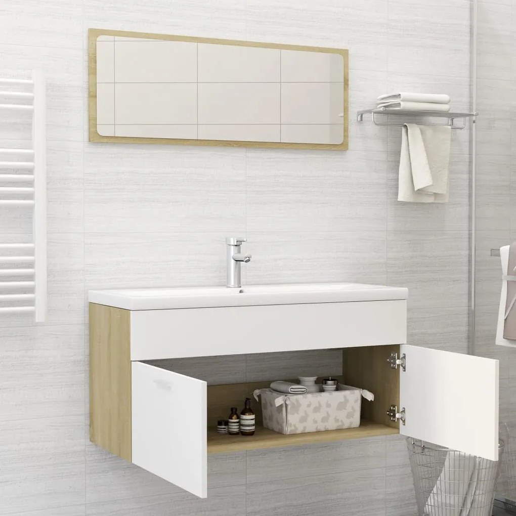 Set mobili bagno 2pz bianco e rovere sonoma legno multistrato