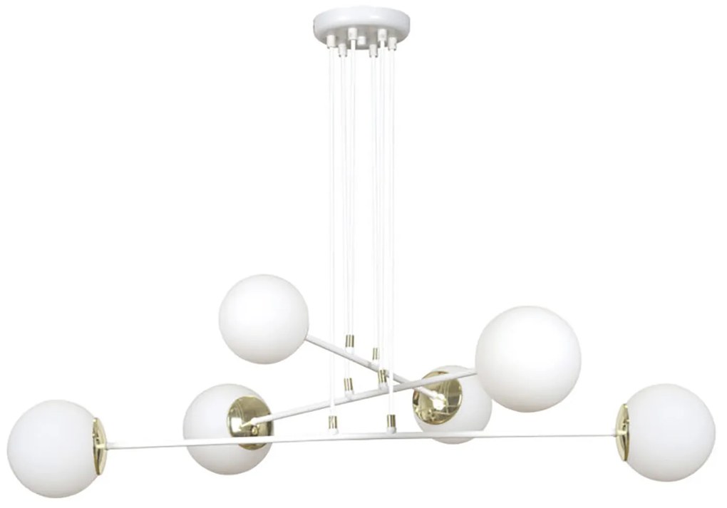Lampadario Moderno 6 Luci Tsukuyomi In Acciaio Bianco E Oro E Vetro A Sfera Opale