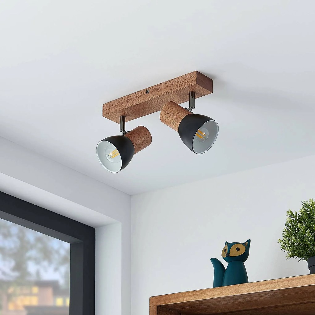 Lindby Tonja faretto da soffitto con legno, 2 luci Lindby, dimmerabile, Legno chiaro, Soggiorno / Sala da pranzo, Metallo, Moderno, Faretto