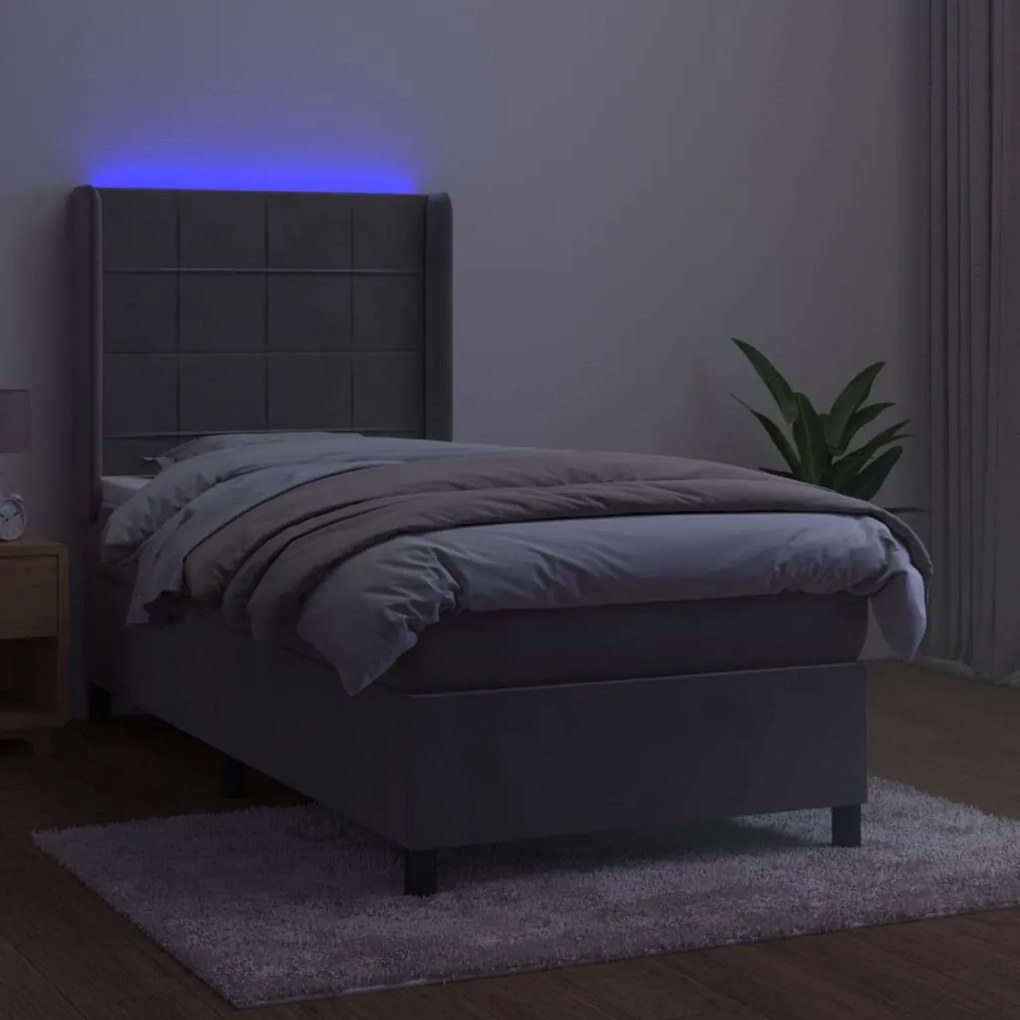 Letto a molle materasso e led grigio chiaro 90x190 cm velluto