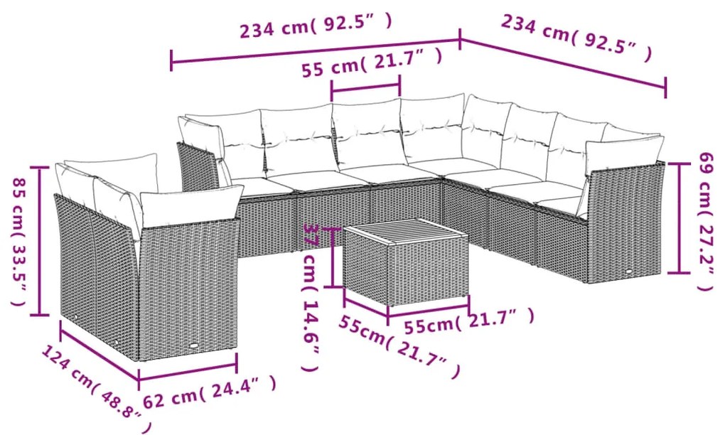 Set divani da giardino 10pz con cuscini in polyrattan nero