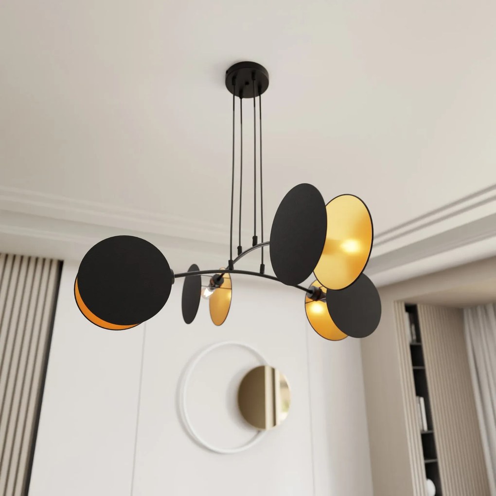 Lampada A Sospensione 4 Luci Moderna Motif In Acciaio Nero E Oro