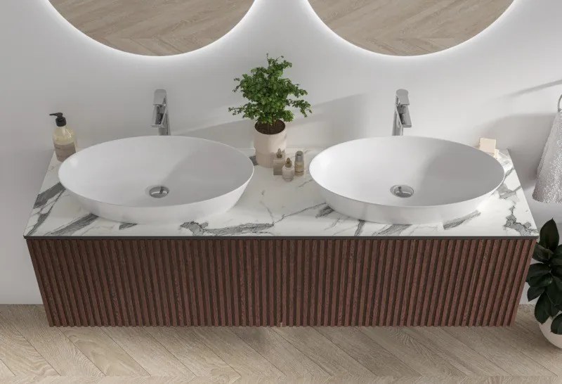 Mobile bagno sospeso 160cm cannettato piano bianco KDS-160P - KAMALU