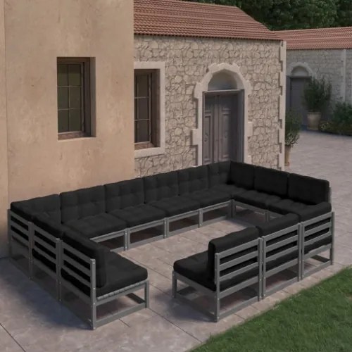 Set Divani da Giardino 13 pz Grigio Cuscini Massello di Pino