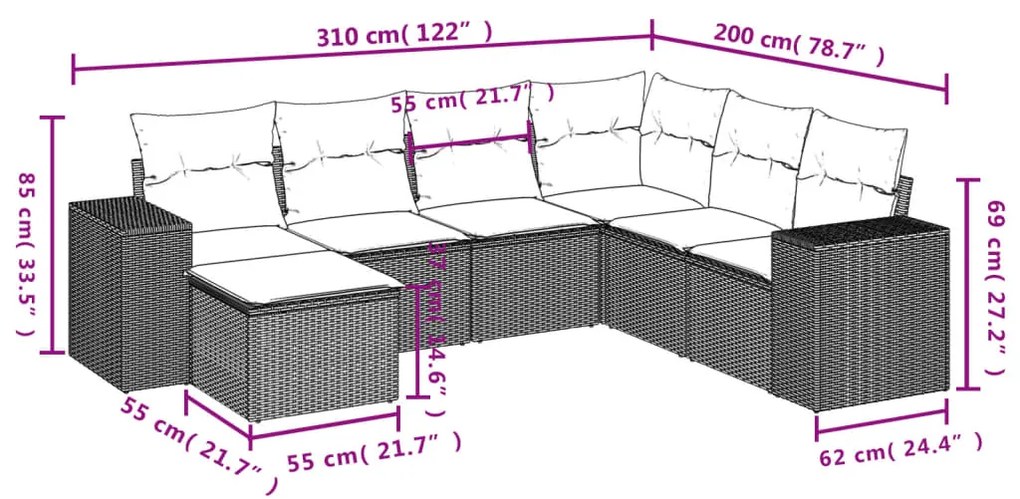 Set divani da giardino 7 pz con cuscini grigio in polyrattan