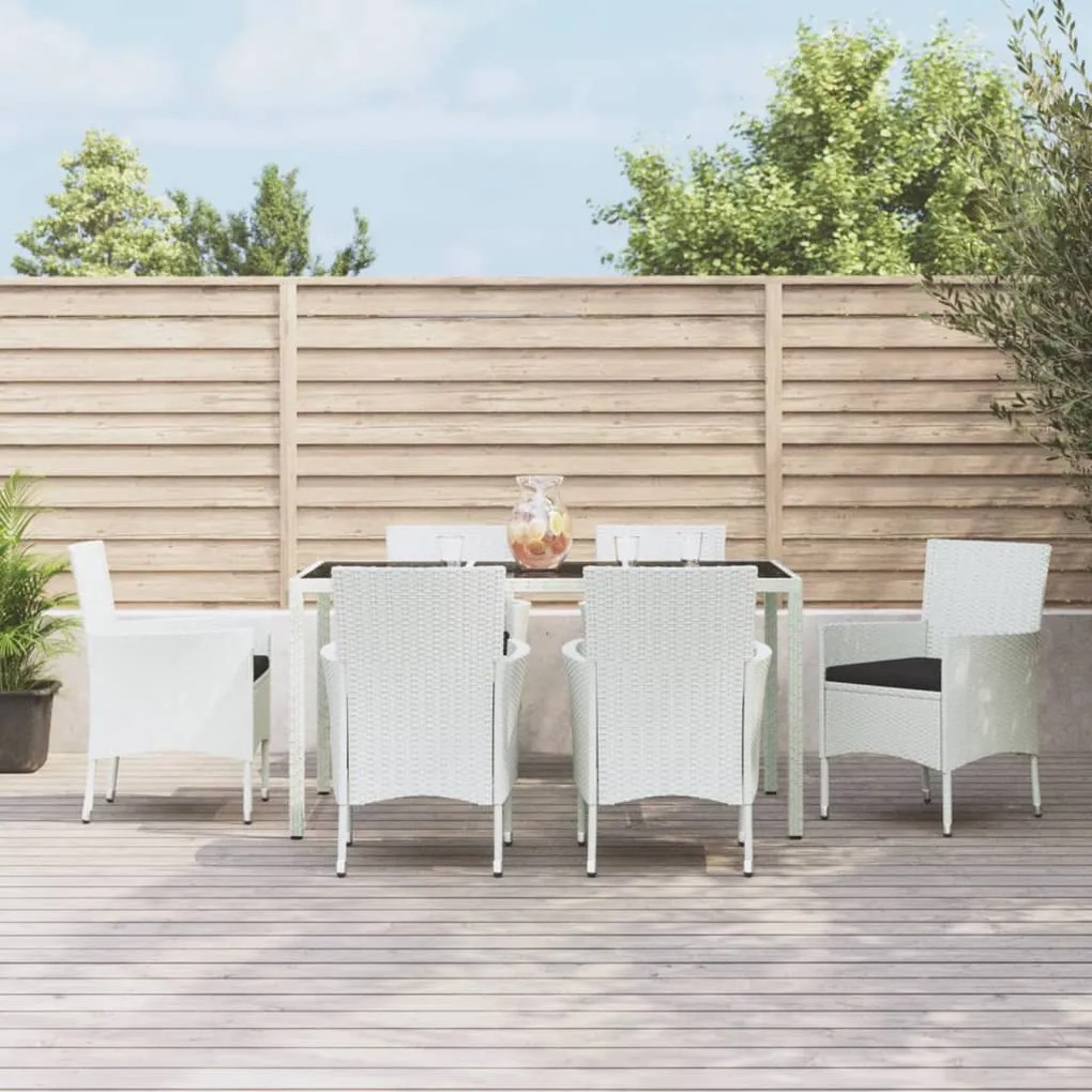 Set da Pranzo da Giardino 7 pz con Cuscini in Polyrattan Bianco