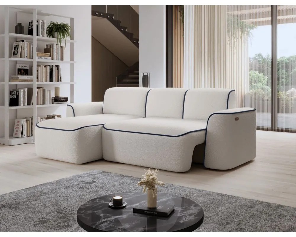 Divano angolare blu/color crema (con penisola a sinistra/con chaise lounge) e rivestimento in bouclé Ume – ELTAP
