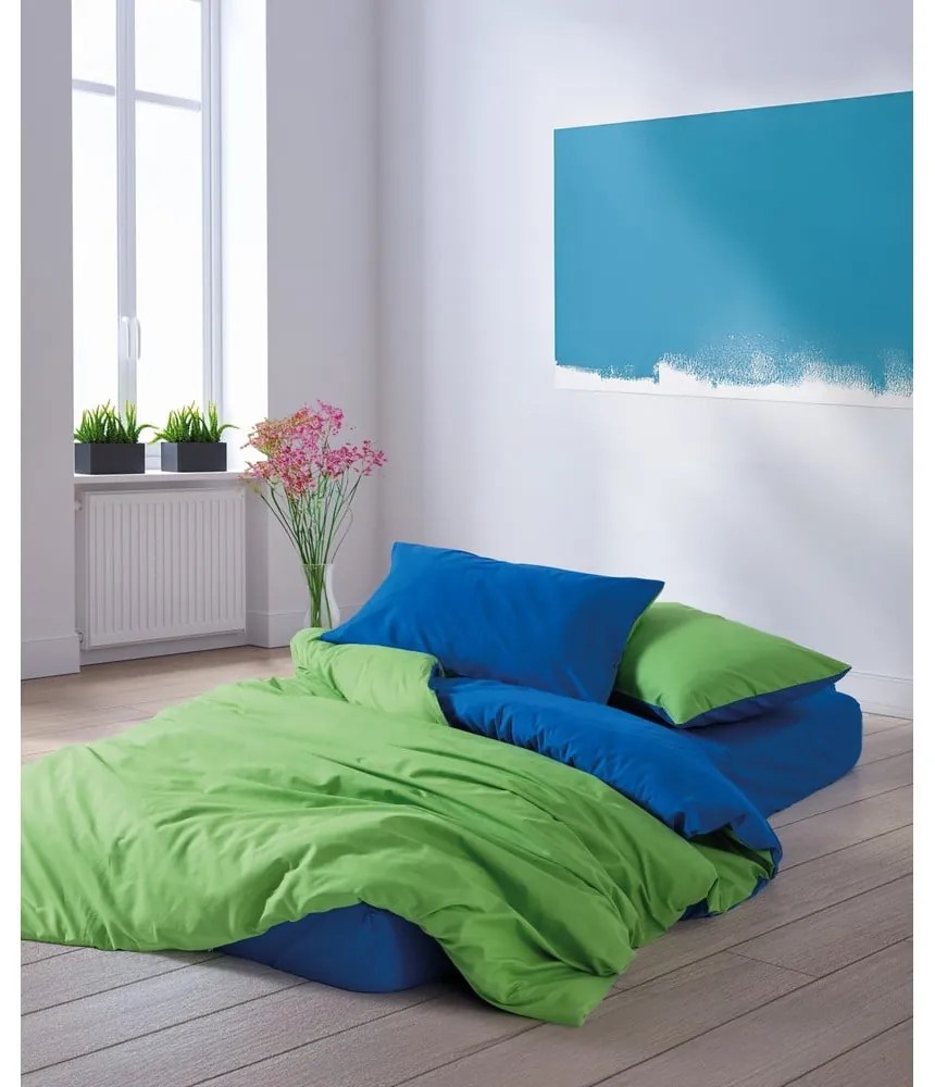 Set copripiumino e federa verde/blu in cotone renforcé per letto matrimoniale/per letto esteso con lenzuolo incluso/4 pezzi 200x220 cm Sage – Mijolnir