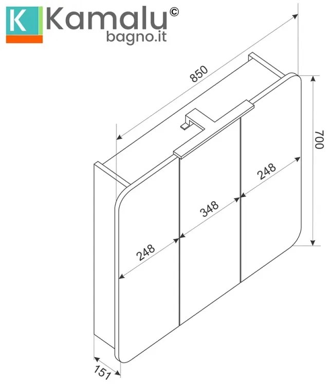 Kamalu - Specchio bagno contenitore 85 cm con faretto LED | LAC-ARES-85