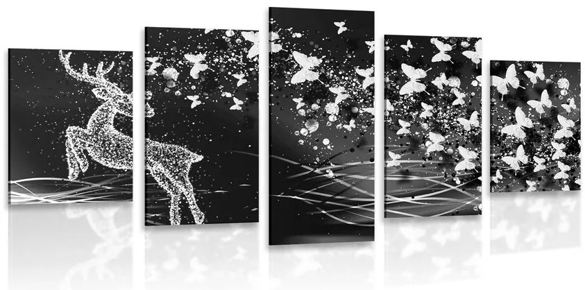Quadri 5 pezzi – Cervo meraviglioso con farfalle in bianco e nero