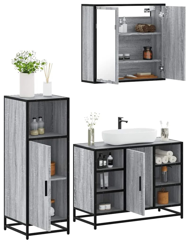 Set Mobili Da Bagno 3 Pz Grigio Sonoma İn Legno Multistrato /