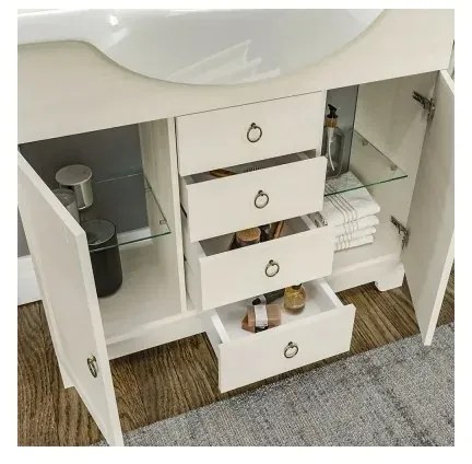 Mobile bagno a terra 105 cm bianco decape con specchio lampada e pensile Romantica