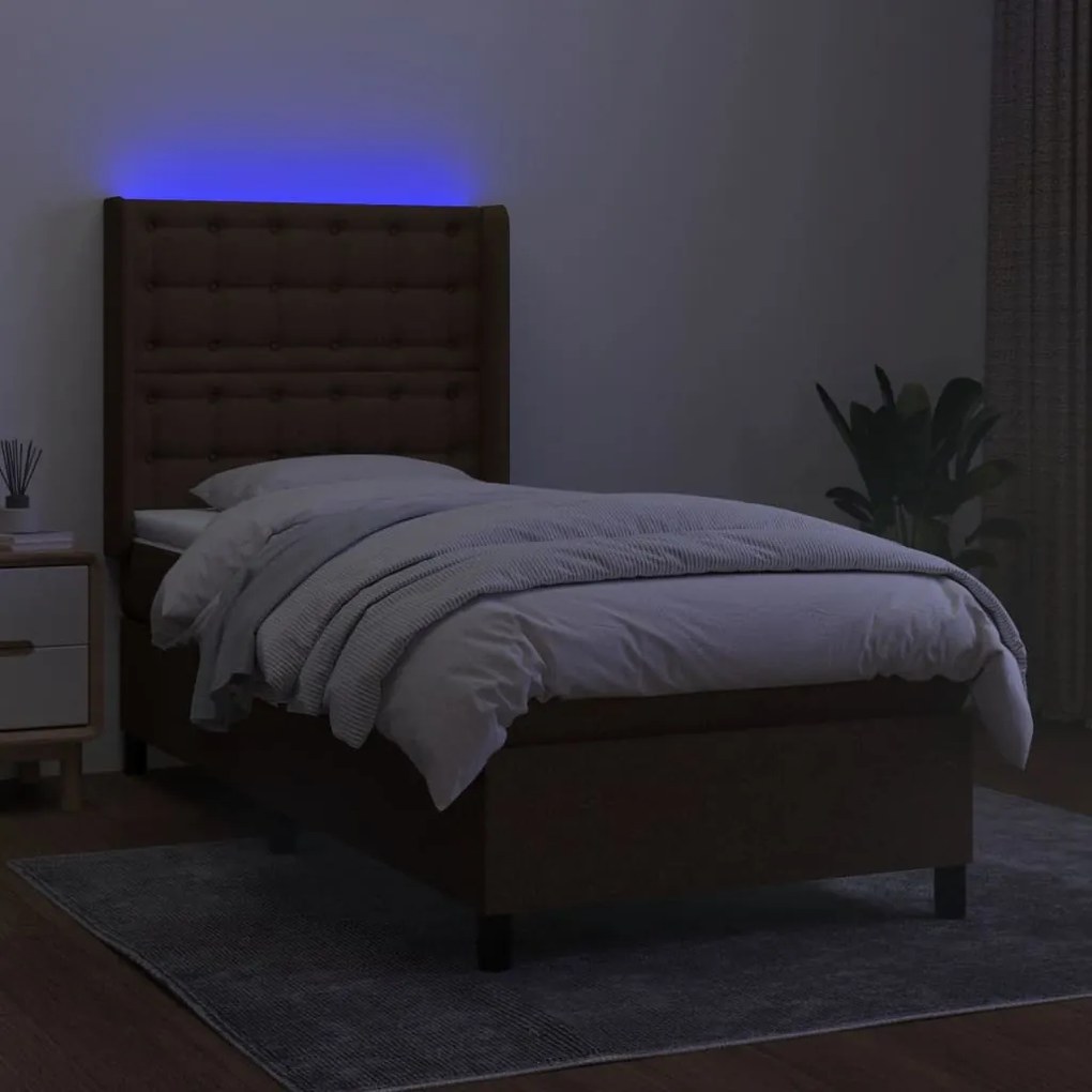Letto a molle materasso e led marrone scuro 90x200cm in tessuto