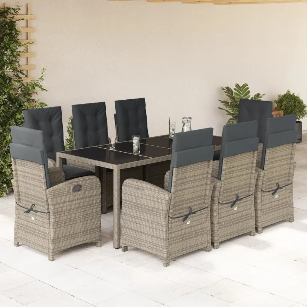 Set da pranzo da giardino 9 pz con cuscini in polyrattan grigio