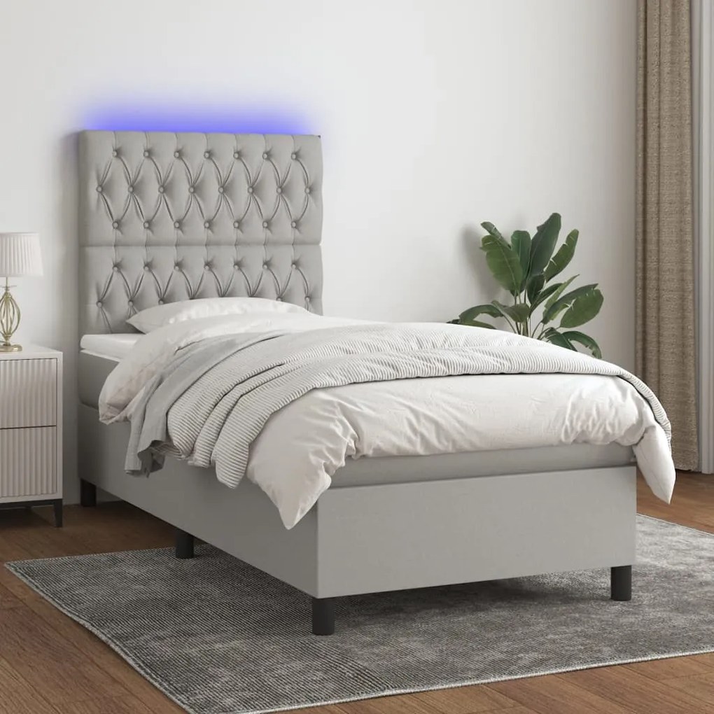 Letto A Molle Materasso E Led Grigio Chiaro 100x200 Cm Tessuto /