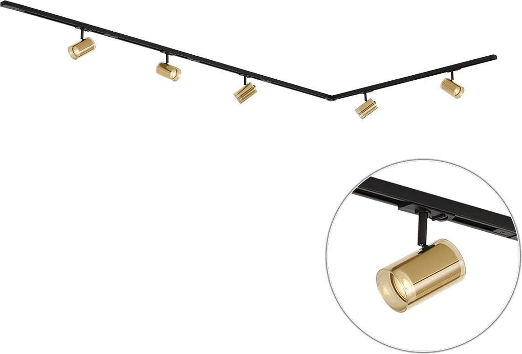 Sistema di illuminazione a binario moderno nero con 5 faretti dorati monofase - Iconic Lloyd