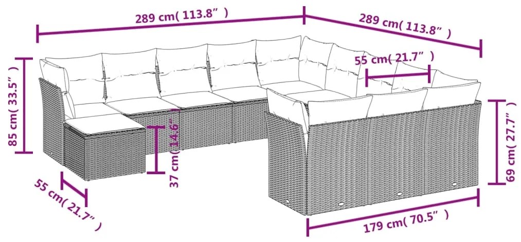 Set Divani da Giardino 12 pz con Cuscini Grigio in Polyrattan