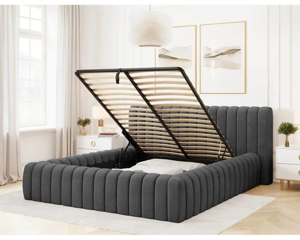 Letto matrimoniale imbottito grigio scuro con contenitore e rete inclusi 180x200 cm Carilla – ELTAP
