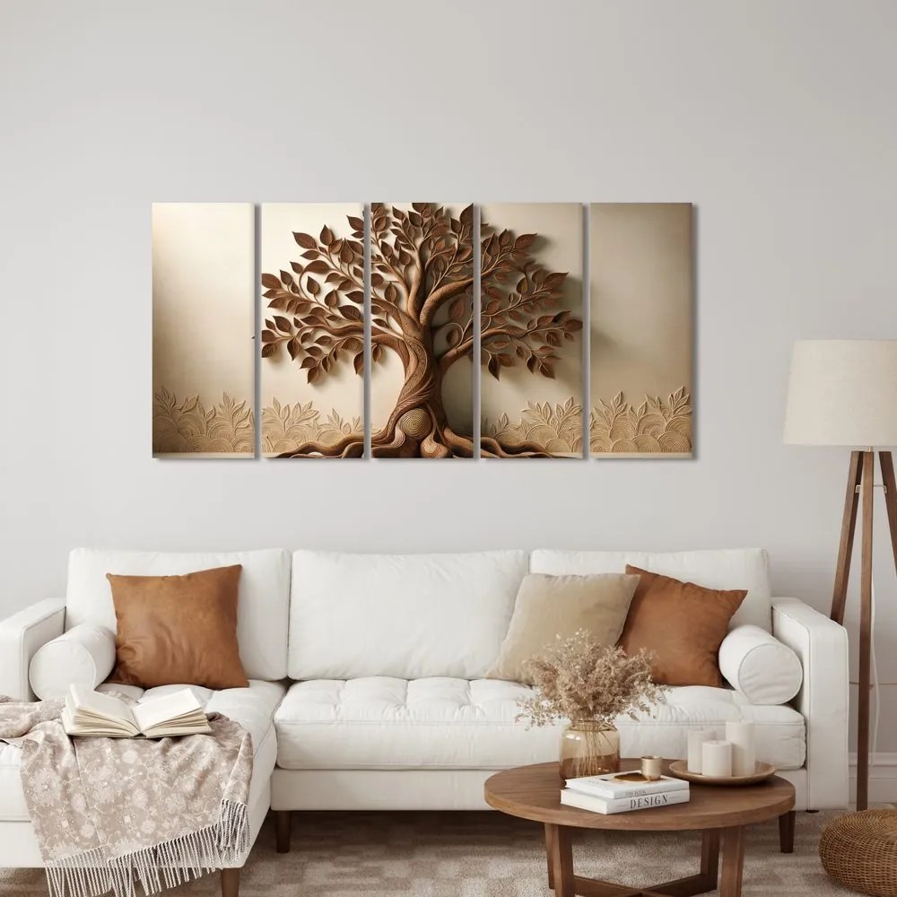 Quadri 5 pezzi – Albero della vita marrone con effetto 3D