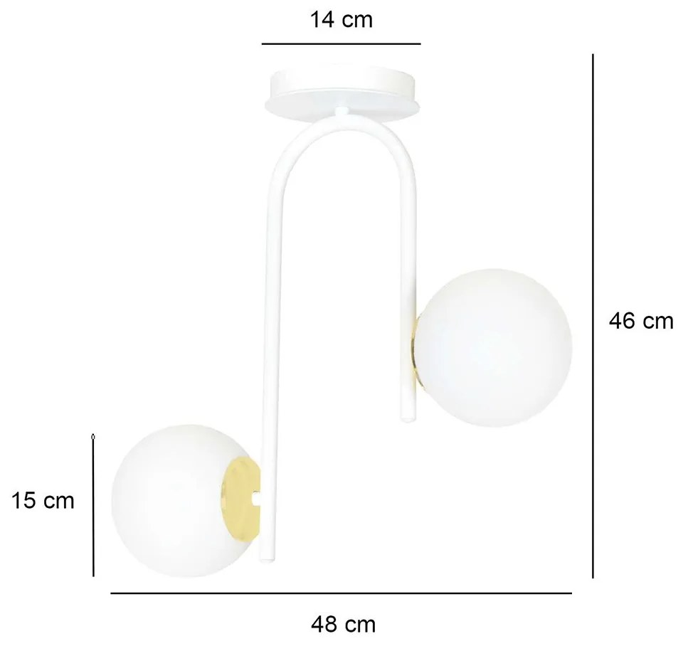 Lampadario 2 Luci Kalf In Acciaio Bianco A Bracci E Sfere In Vetro Opalino E Oro