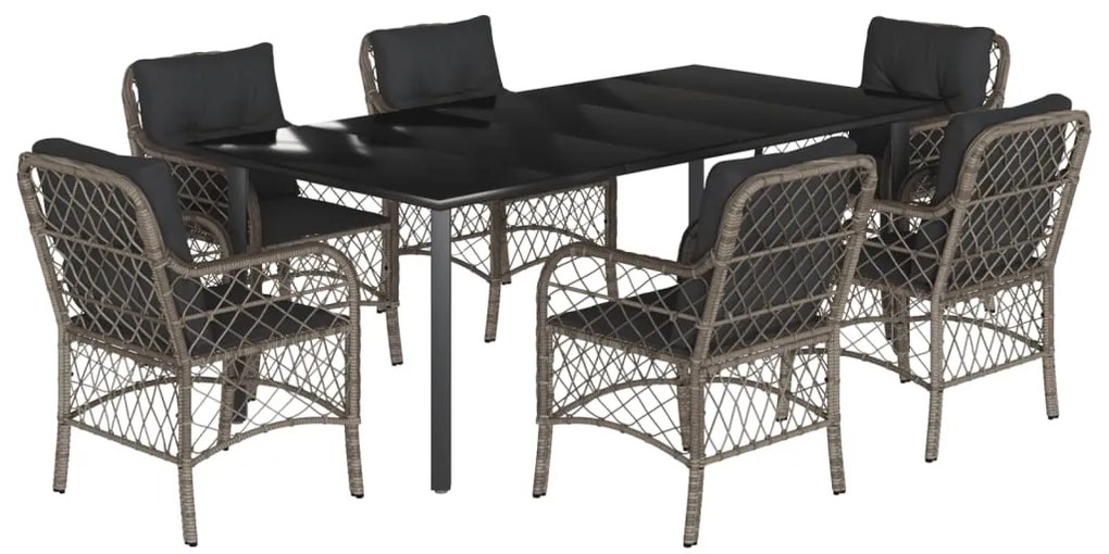 Set da pranzo da giardino 7 pz con cuscini in polyrattan grigio