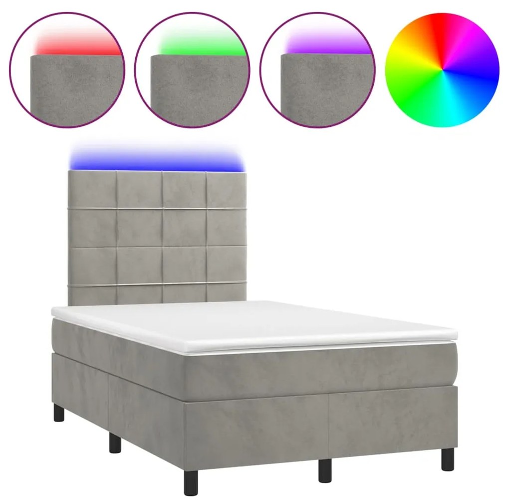 Letto a molle materasso e led grigio chiaro 120x200 cm velluto