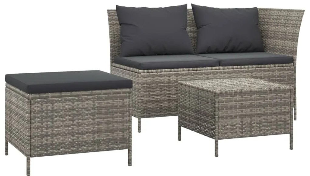 Set divani da giardino 3 pz con cuscini in polyrattan grigio