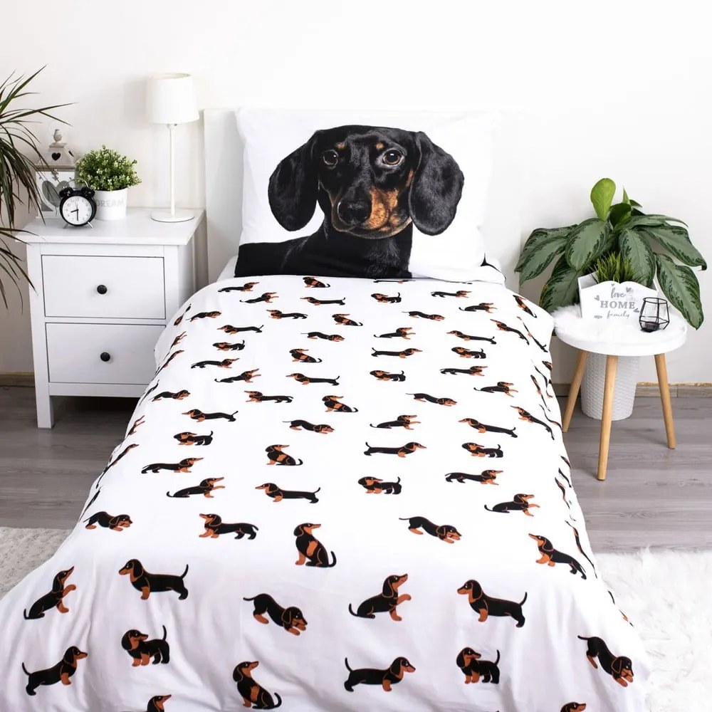 Set copripiumino e federa da bambini bianco e nero in cotone per letto singolo 140x200 cm Dachshund – Jerry Fabrics