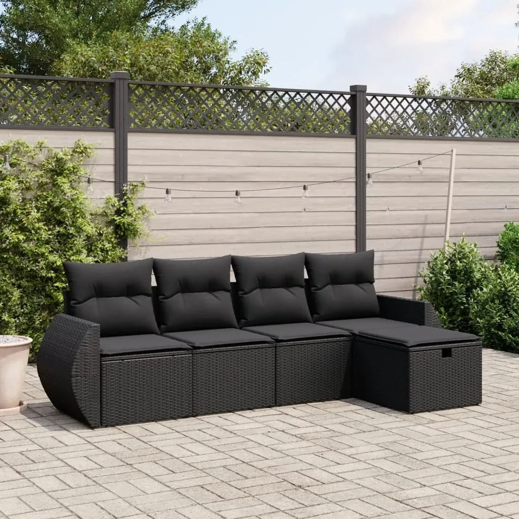 Set divani da giardino 5 pz con cuscini in polyrattan nero