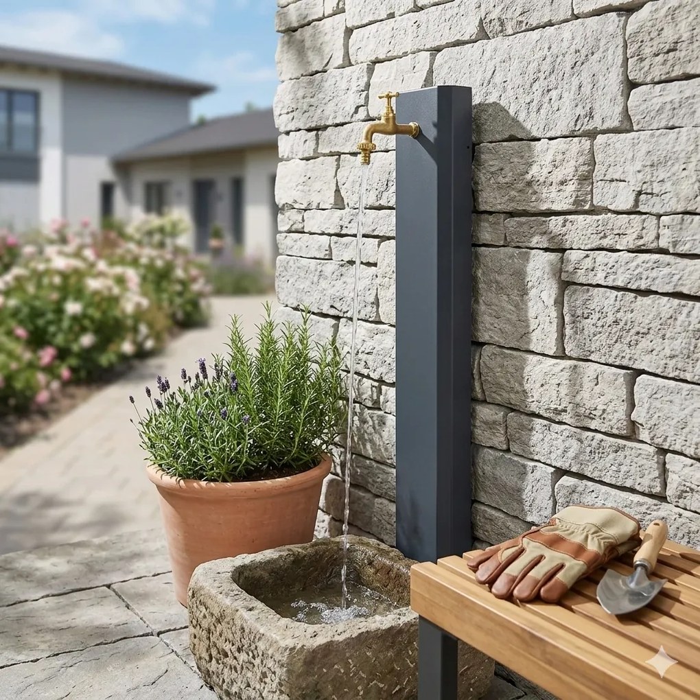 Fontana a Muro da Giardino Con Rubinetto 18x6x100 cm In Acciaio Antracite...