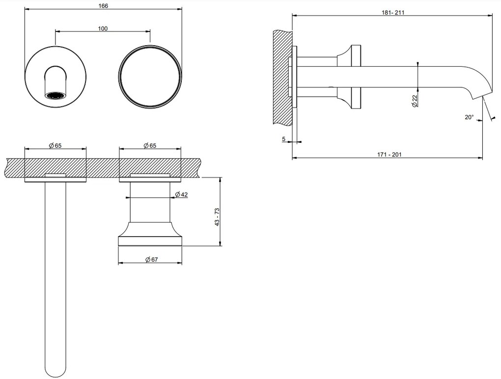 Parte esterna miscelatore lavabo a parete bocca media senza scarico parte incasso non inclusa brass brushed 66088 Gessi