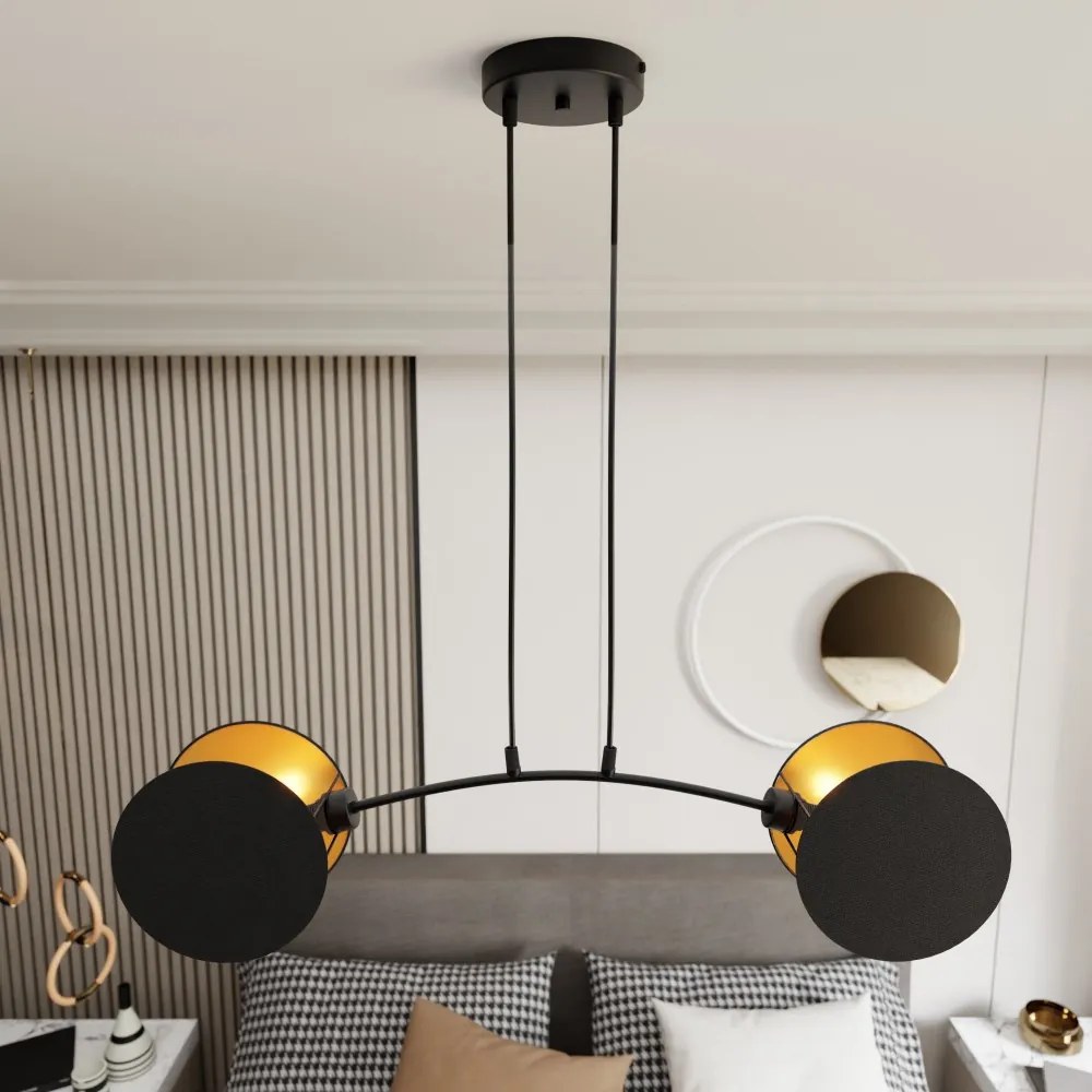 Lampadario a Sospensione MOTIF 2 In Acciaio e Tessuto 2xE27 Colore del corpo Nero e Oro